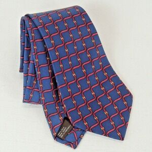 J.McLaughlin Silk Tie Mens 3.75"x57" Blue Red Equestrian Horsebit Preppy Classic